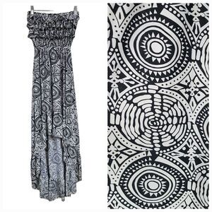 Black White High Low Strapless Ruffled Midi Dress Jersey Knit Medallion Print S